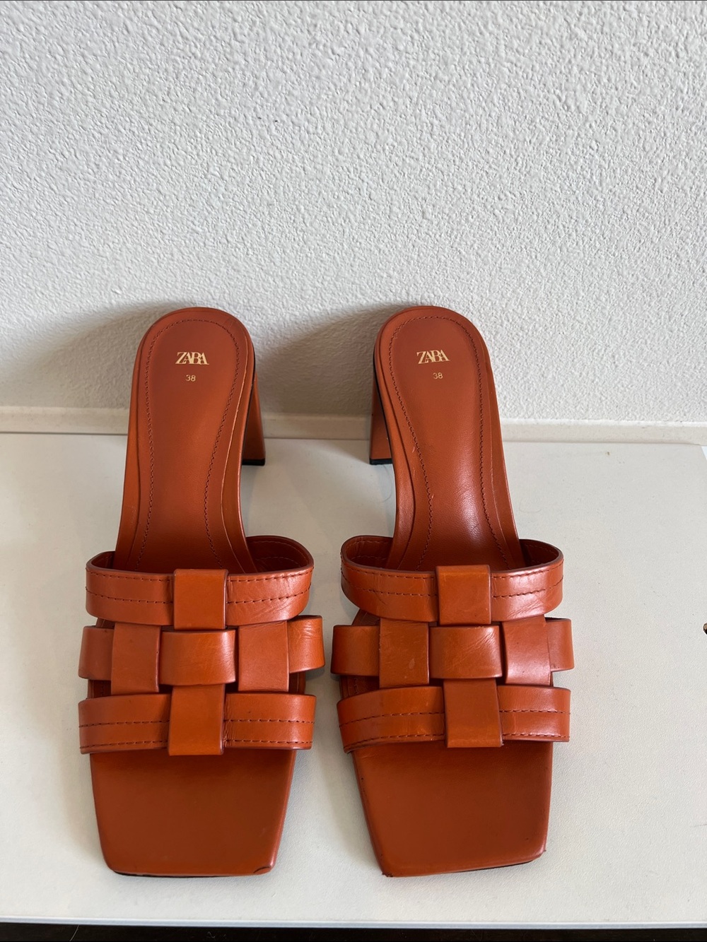 Zara Tan Woven Leather Square-Toe Heeled Slides